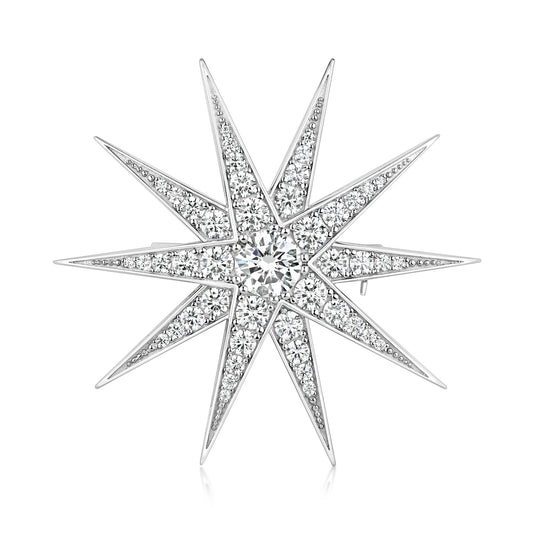 Silver CZ star brooch by THC featuring sparkling cubic zirconia stones and a sleek silver finish.