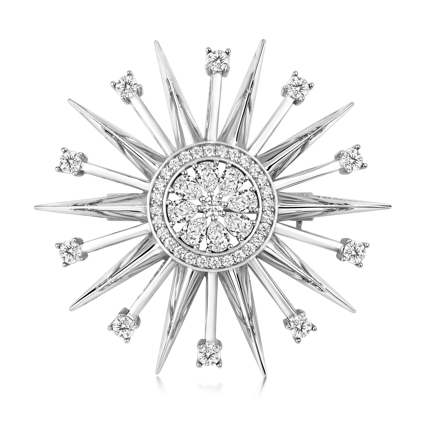 Silver CZ star burst brooch by THC featuring sparkling cubic zirconia stones and a radiant star design.
