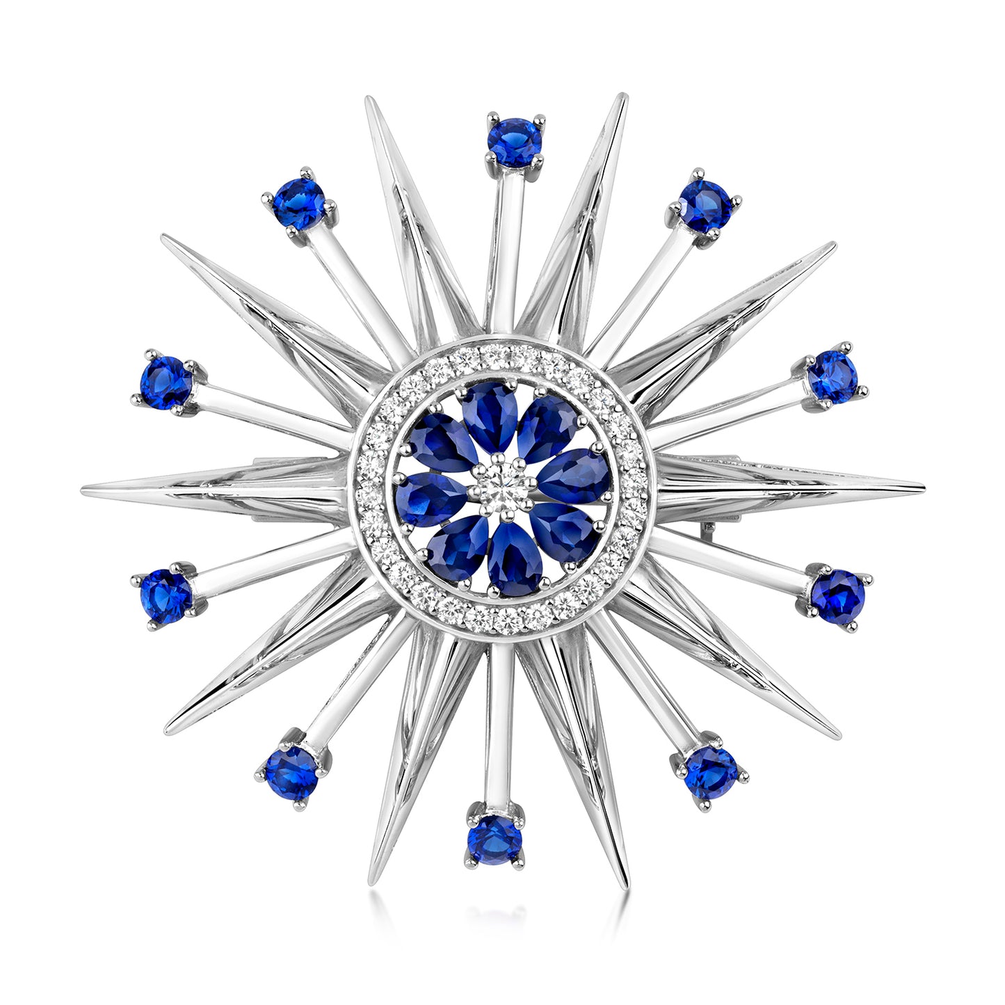 Silver sapphire blue CZ star burst brooch by THC featuring sparkling gemstone accents and intricate metalwork design.