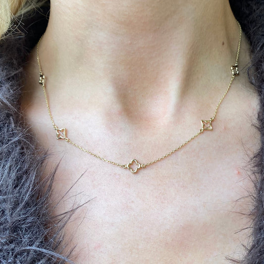 Mark Milton 9ct gold quatrefoil necklace with four-leaf clover pendant chain