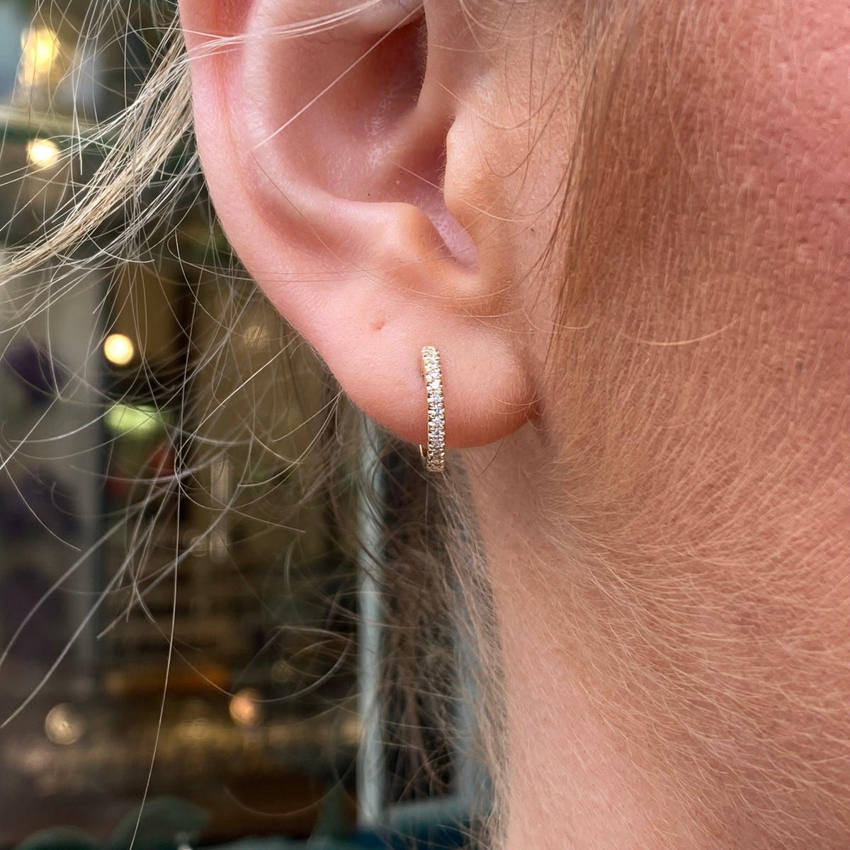 Stubbs 9ct gold diamond set huggie hoop earrings, 12mm, shown against a plain background