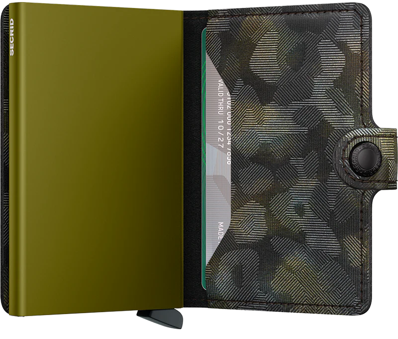 Secrid Miniwallet Jungle Moss in green leather with textured finish, compact wallet with card slots and metal slide mechanism.