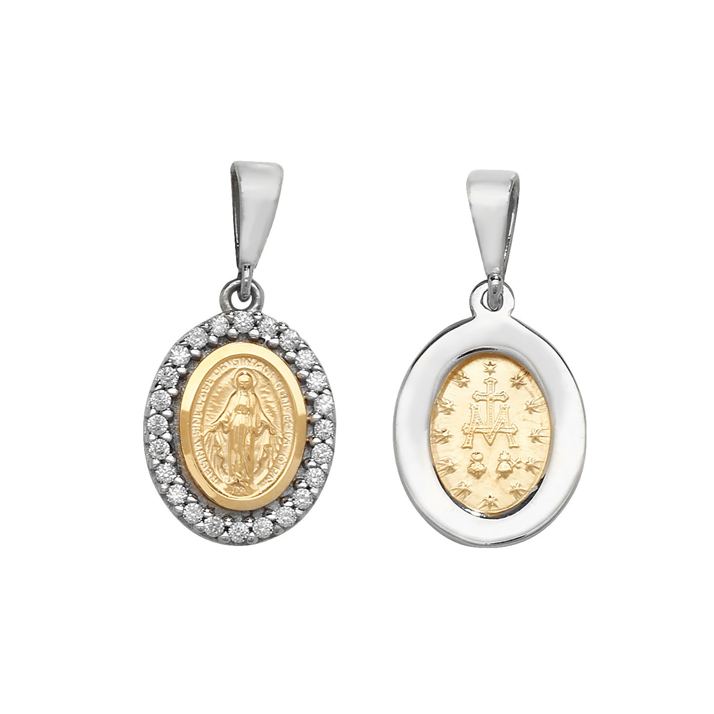 Small 9ct white gold and two-tone CZ Miraculous Medal necklace by THC, featuring intricate religious pendant design.
