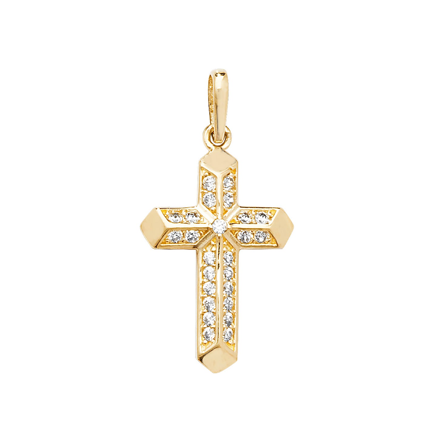 9ct Gold CZ Chamfered Cross Pendant | Small