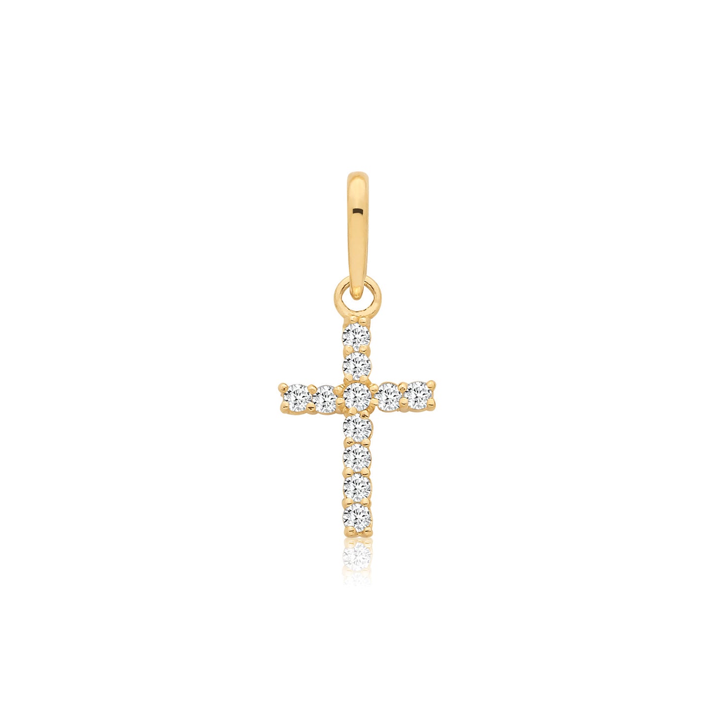 Tiny 9ct gold CZ cross pendant necklace by THC, showcasing a delicate cross charm on a fine chain.