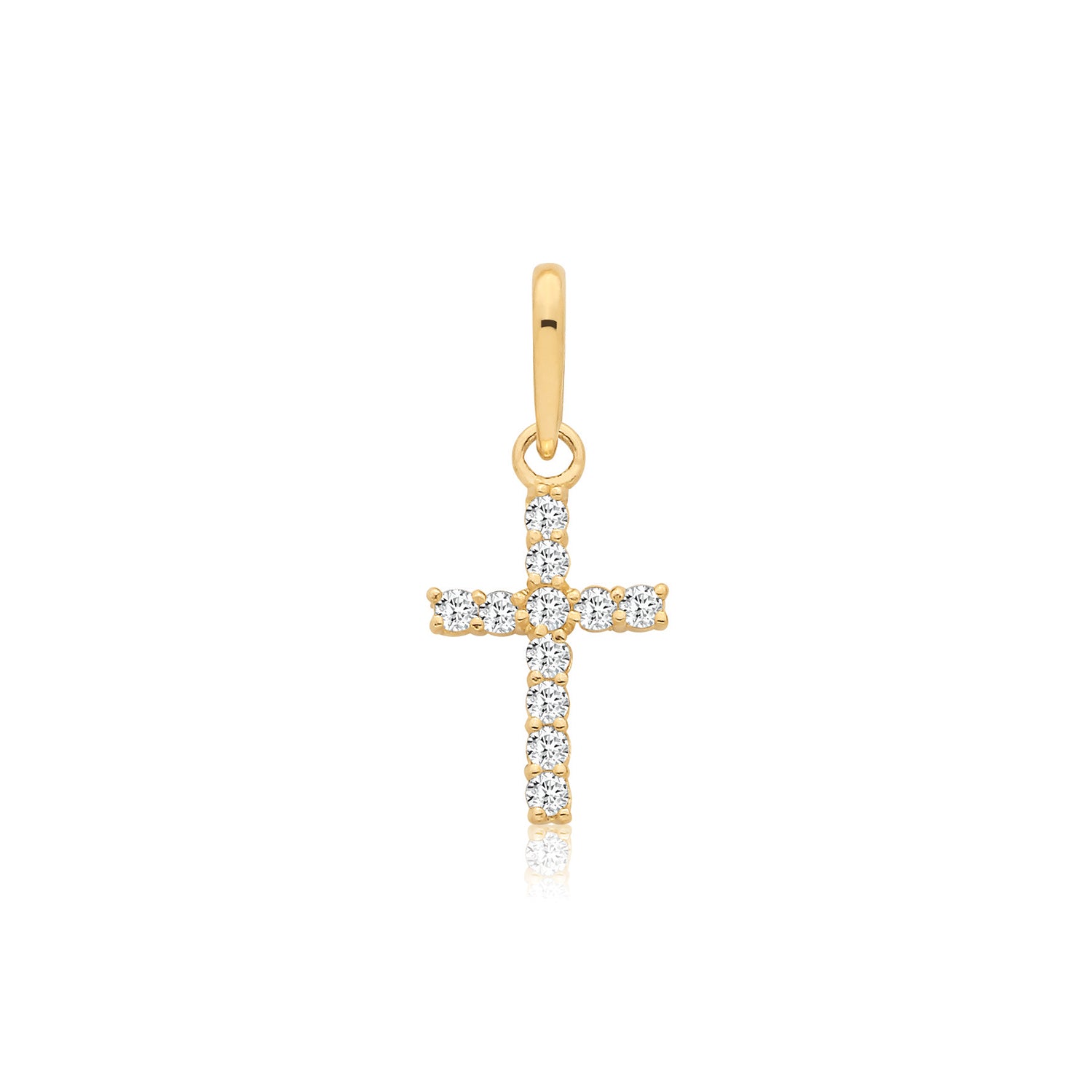 Tiny 9ct gold CZ cross pendant necklace by THC, showcasing a delicate cross charm on a fine chain.