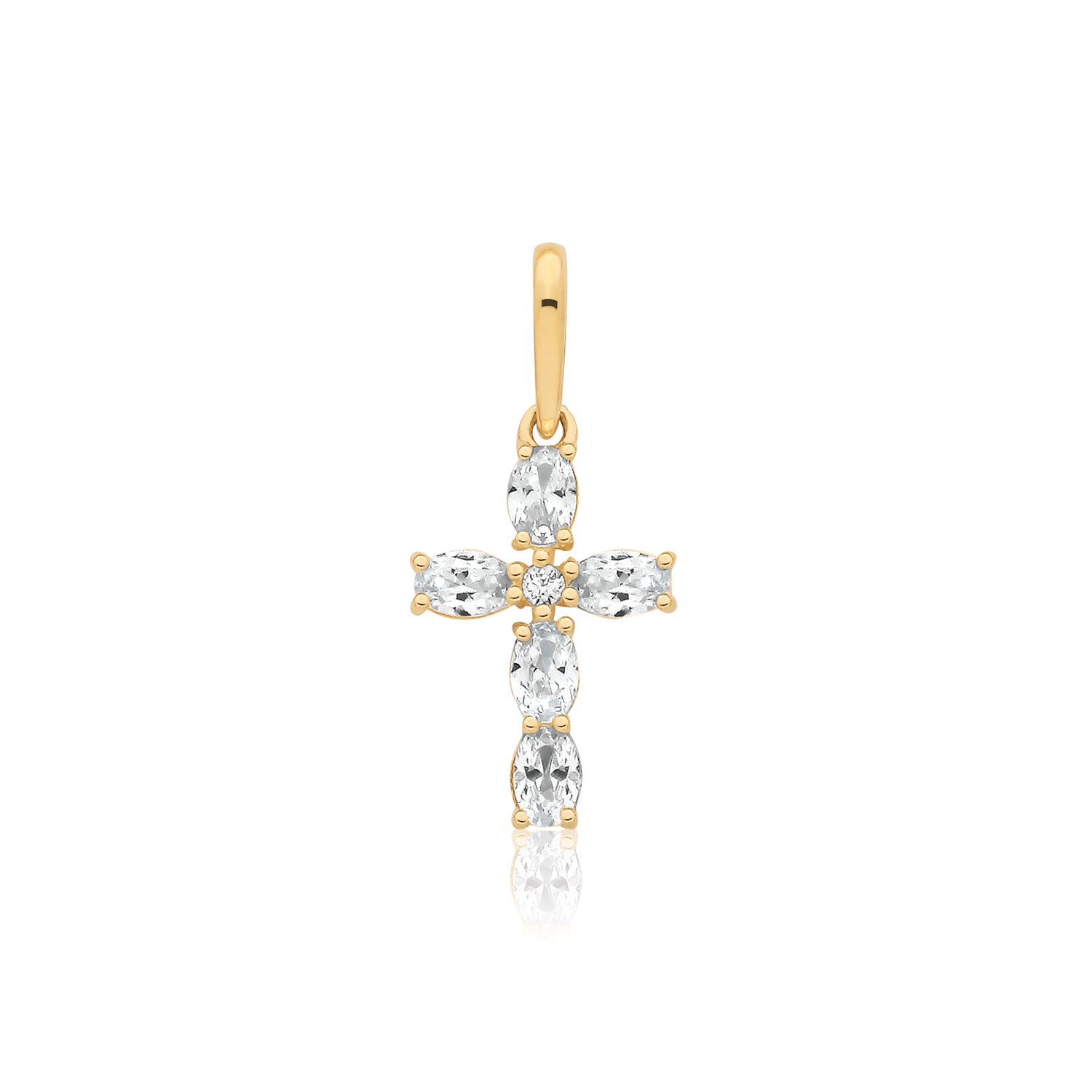 Small 9ct gold CZ cross pendant necklace with chain from THC, featuring a delicate cross design on a fine chain.