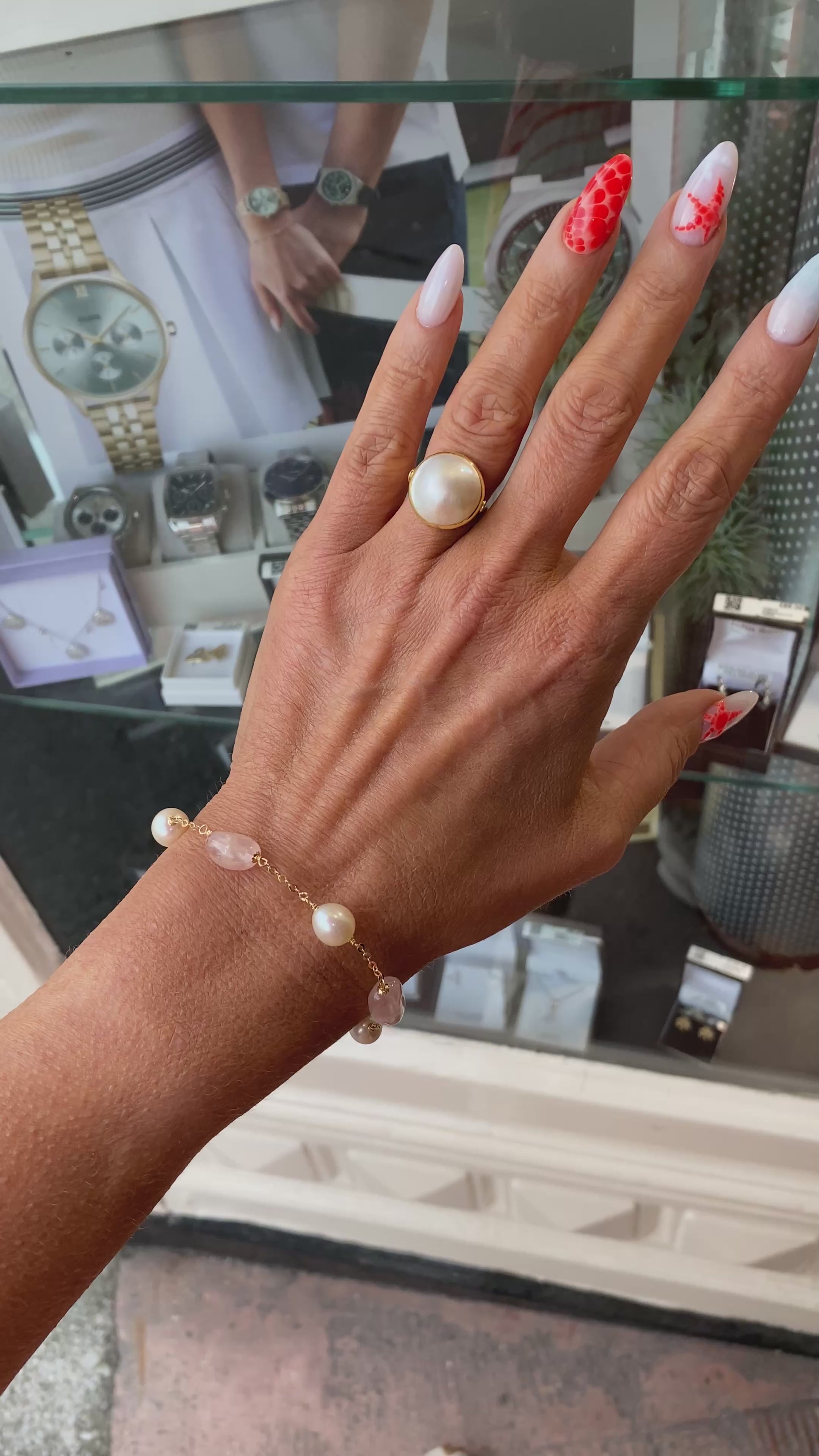 18ct Gold Rose Quartz, Pearl & Chain Bracelet