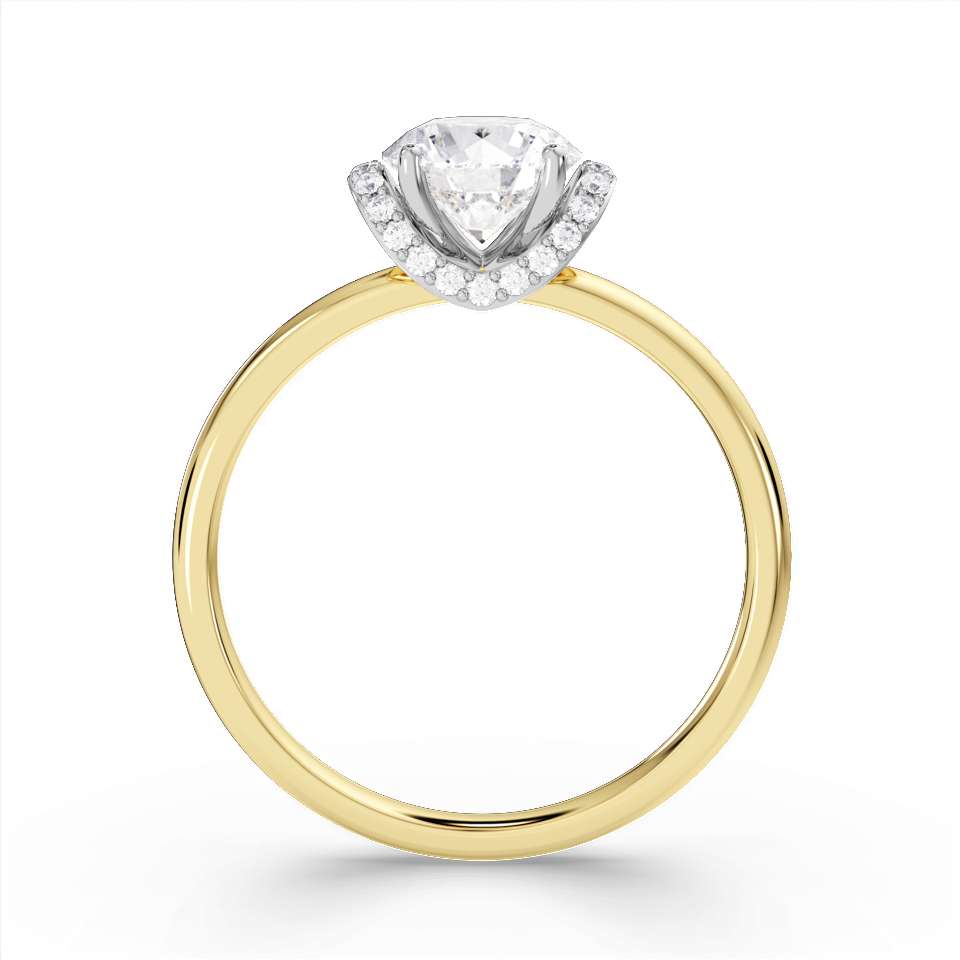 18ct gold chevron halo solitaire engagement ring with 1.01ct certified lab diamond, featuring a stylish design and sparkling center stone.