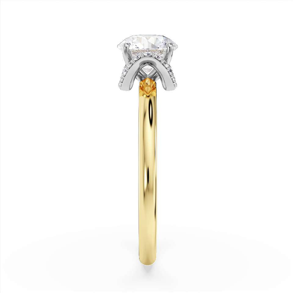 18ct gold chevron halo solitaire engagement ring with a 1.01ct certified lab diamond, featuring a stylish side view.