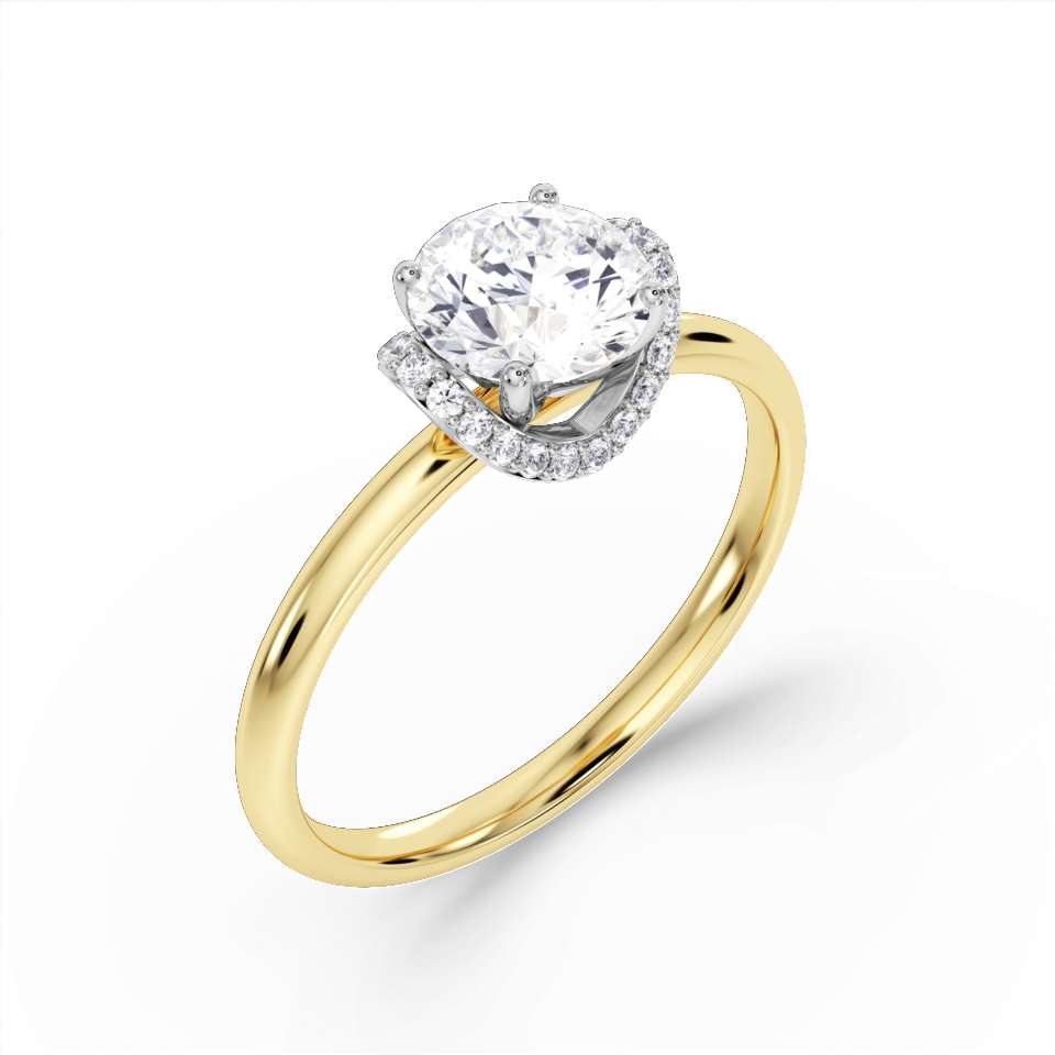 18ct gold Chevron halo solitaire engagement ring with a 1.01ct certified lab diamond, featuring a sleek band and elegant design.
