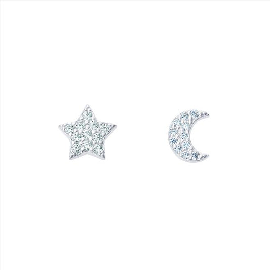 Silver CZ Moon & Star Stud Earrings