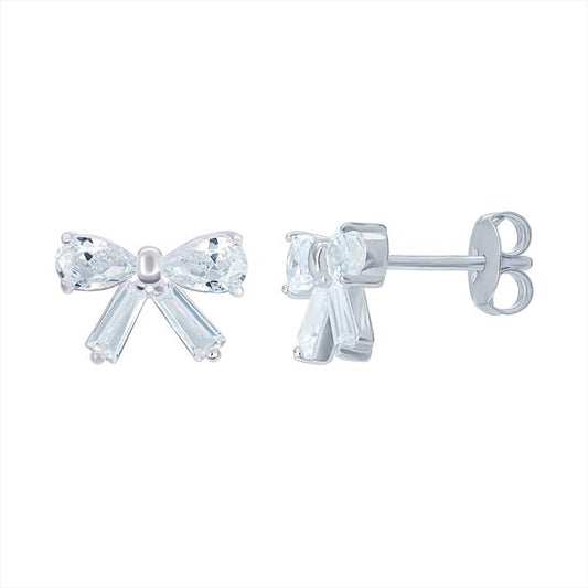 Silver Mixed CZ Bow Stud Earrings