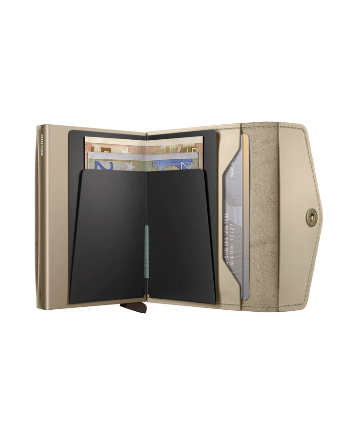 Secrid Envelope Wallet Latte open showing compact design and card compartments in soft beige leather.