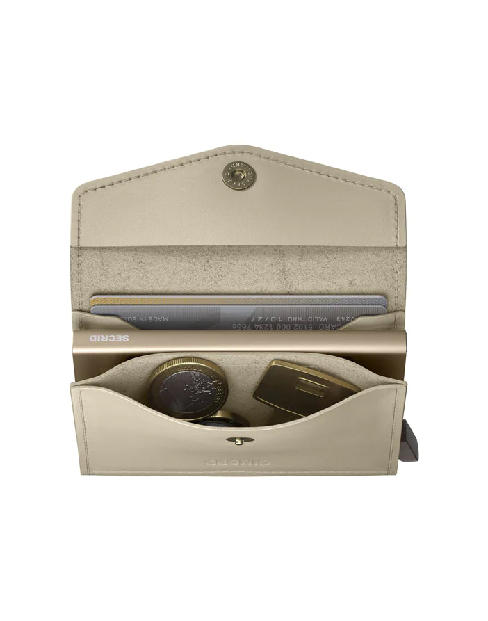 Secrid Envelope Wallet Latte open, showing card slots and cash compartment, compact leather wallet with minimalist design.