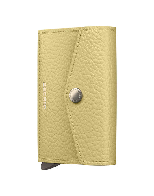 Secrid Envelope Wallet in Pebble Butter Yellow with front view, showcasing compact leather wallet design and embossed branding.