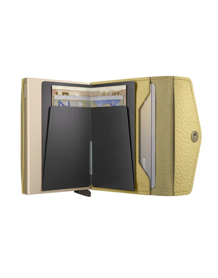 Secrid Envelope Wallet in Pebble Butter Yellow open, showing card slots and sleek leather design.