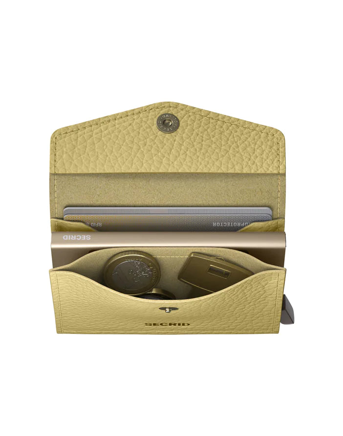 Secrid Envelope Wallet in Pebble Butter Yellow, opened to show card slots and sleek compact design.