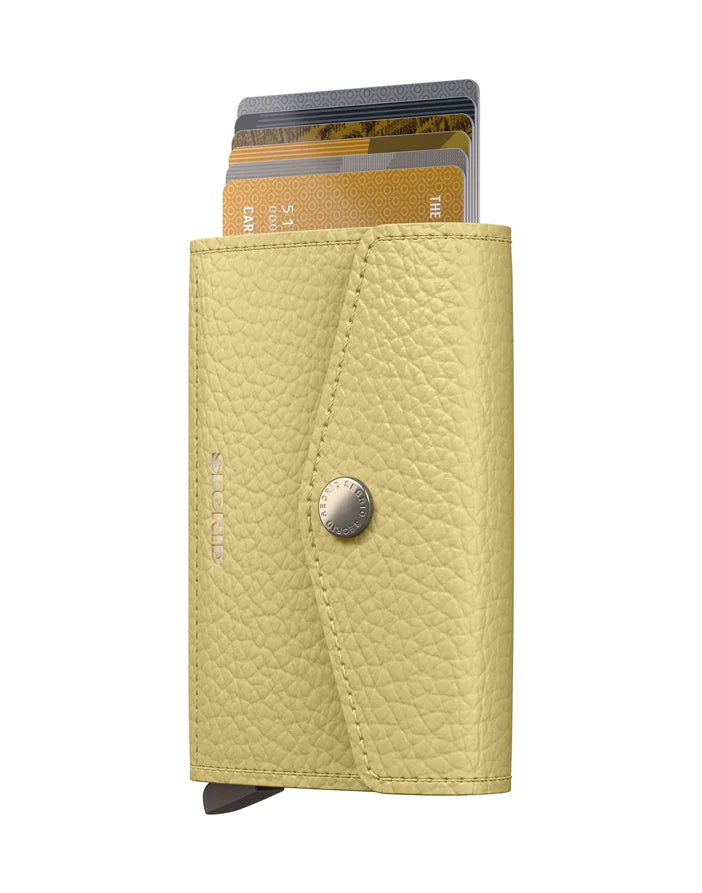 Secrid Envelope Wallet in Pebble Butter Yellow with textured leather, compact design, and card slots visible.