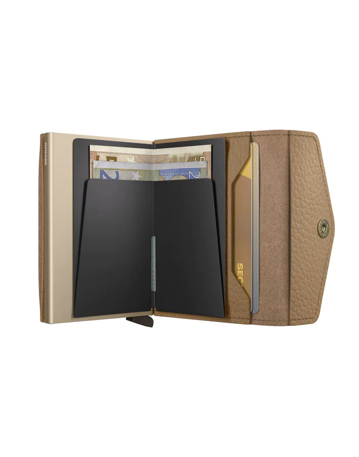 Secrid Envelope Wallet Pebble Cappuccino open showing card slots and compact design in soft leather material.