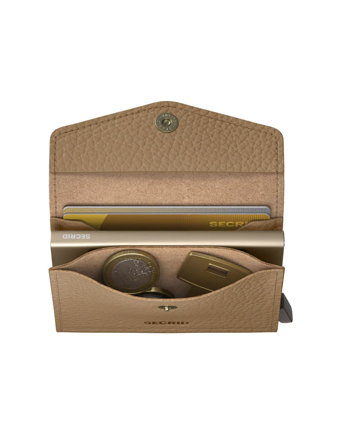 Secrid Envelope Wallet Pebble Cappuccino open showing card slots and compact leather design.