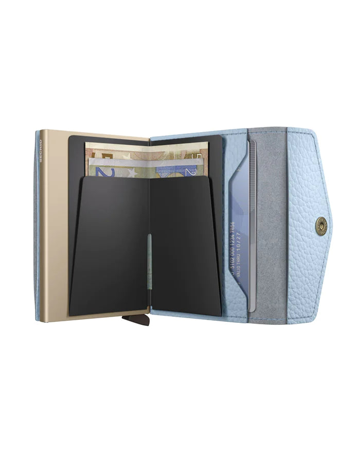 Secrid Envelope Wallet Pebble Ice Blue open, showing compact leather wallet with card slots and sleek design.