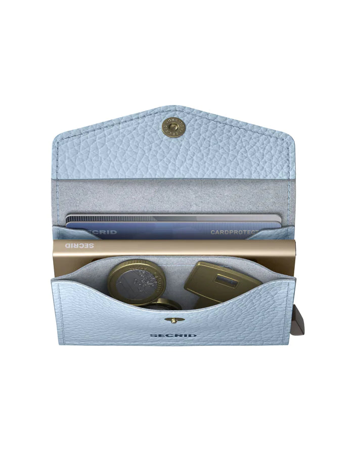 Secrid Envelope Wallet Pebble Ice Blue open to show card slots and sleek design, compact leather wallet for everyday use.