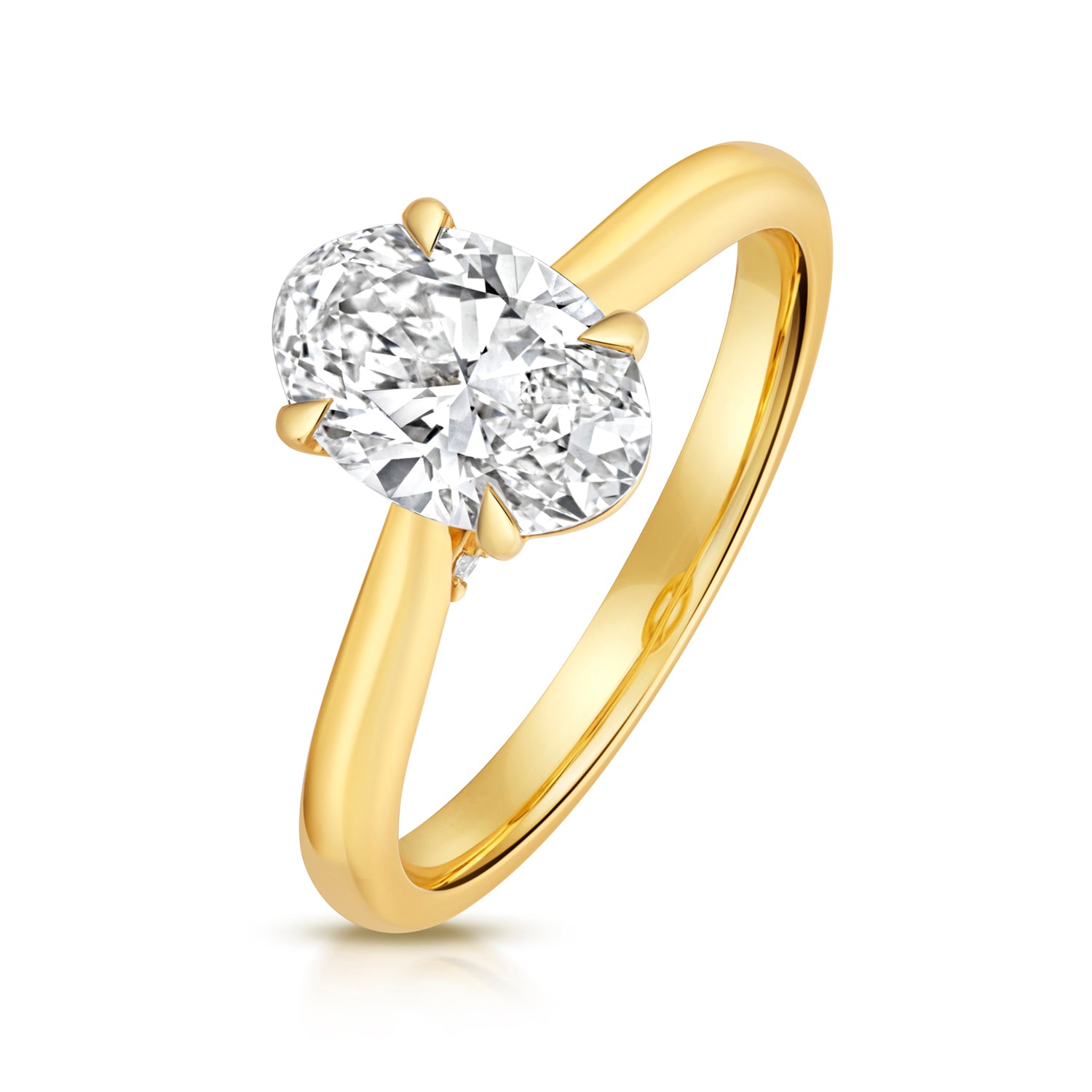18ct gold oval solitaire engagement ring with a 1.53ct certified lab diamond from THC, featuring a classic design.