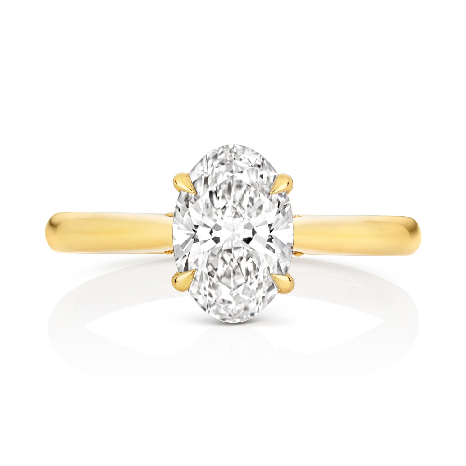 18ct gold oval solitaire engagement ring with a 1.53ct certified lab diamond, featuring a classic and elegant design by THC.