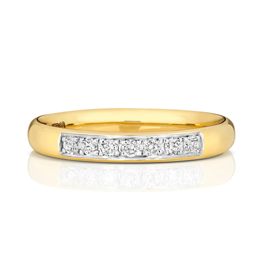 9ct gold diamond eternity wedding band with 0.12ct diamonds, featuring a sleek design by THC.