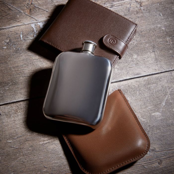 Fred Bennett Hip Flask with Brown Leather Sleeve