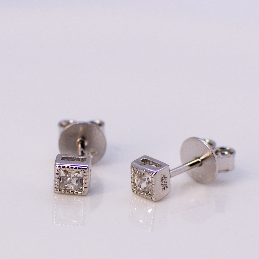 Silver Princess Cut Millgrain Stud Earrings - John Ross Jewellers