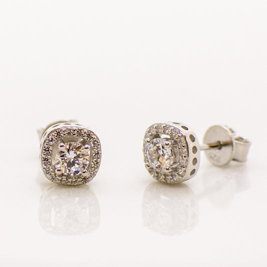 Silver Square Halo CZ Stud Earrings - John Ross Jewellers