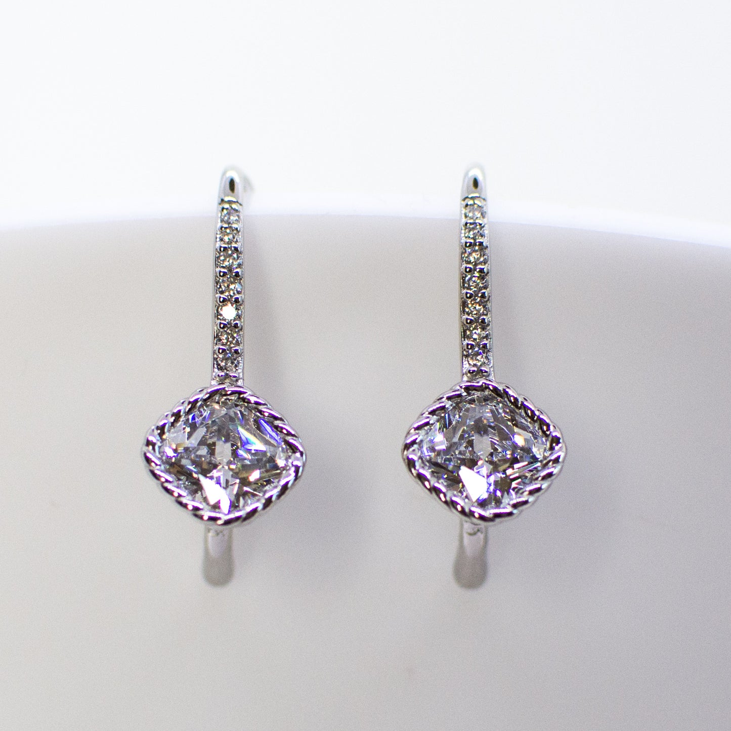 Silver Cushion CZ Twist Set CZ Drop Earrings - John Ross Jewellers