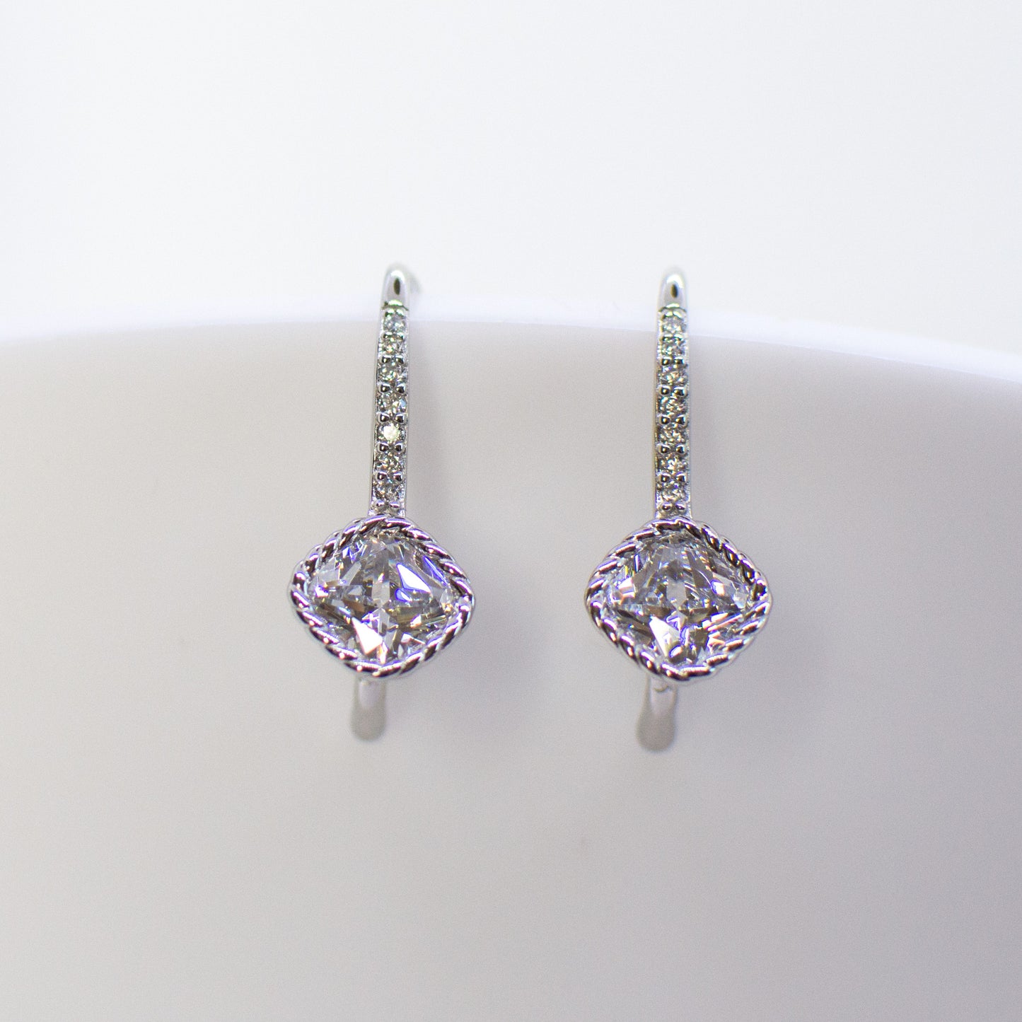 Silver Cushion CZ Twist Set CZ Drop Earrings - John Ross Jewellers