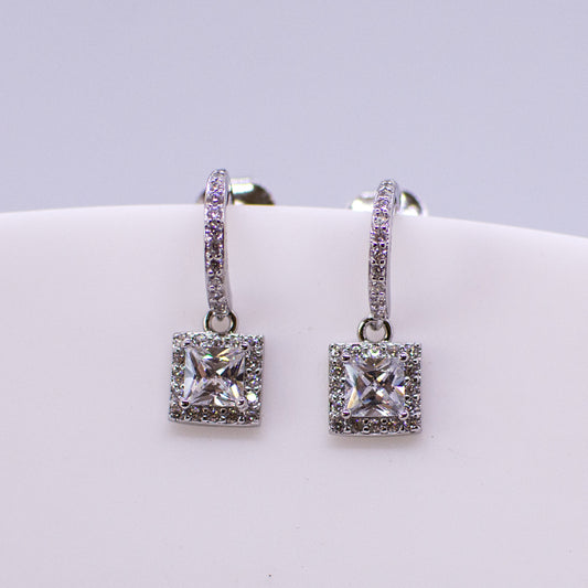 Silver CZ Square Halo Drop Half Hoop Earrings - John Ross Jewellers