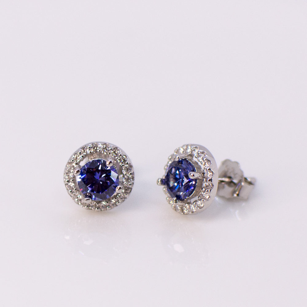 Silver Created Tanzanite & CZ Round Stud Earrings - John Ross Jewellers