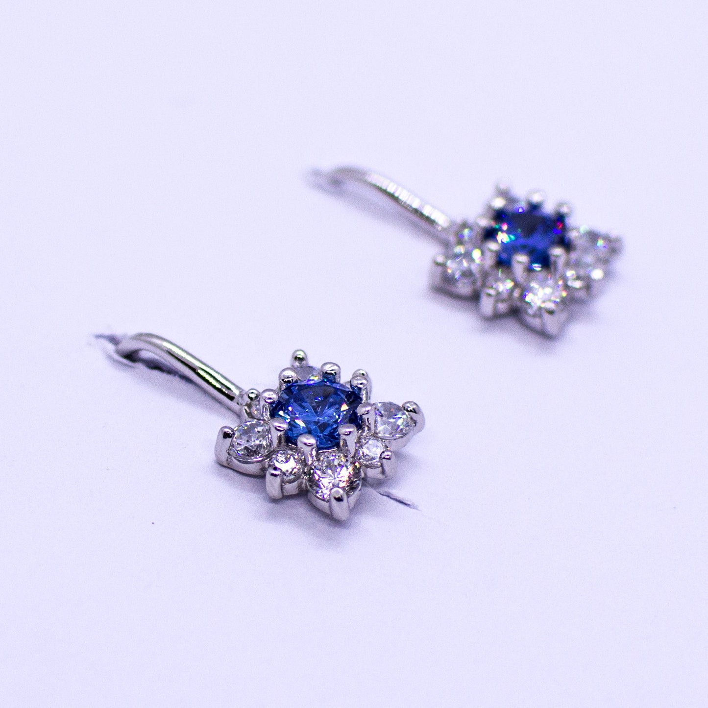Silver CZ Square Halo Drop Earrings - Created Sapphire - John Ross Jewellers