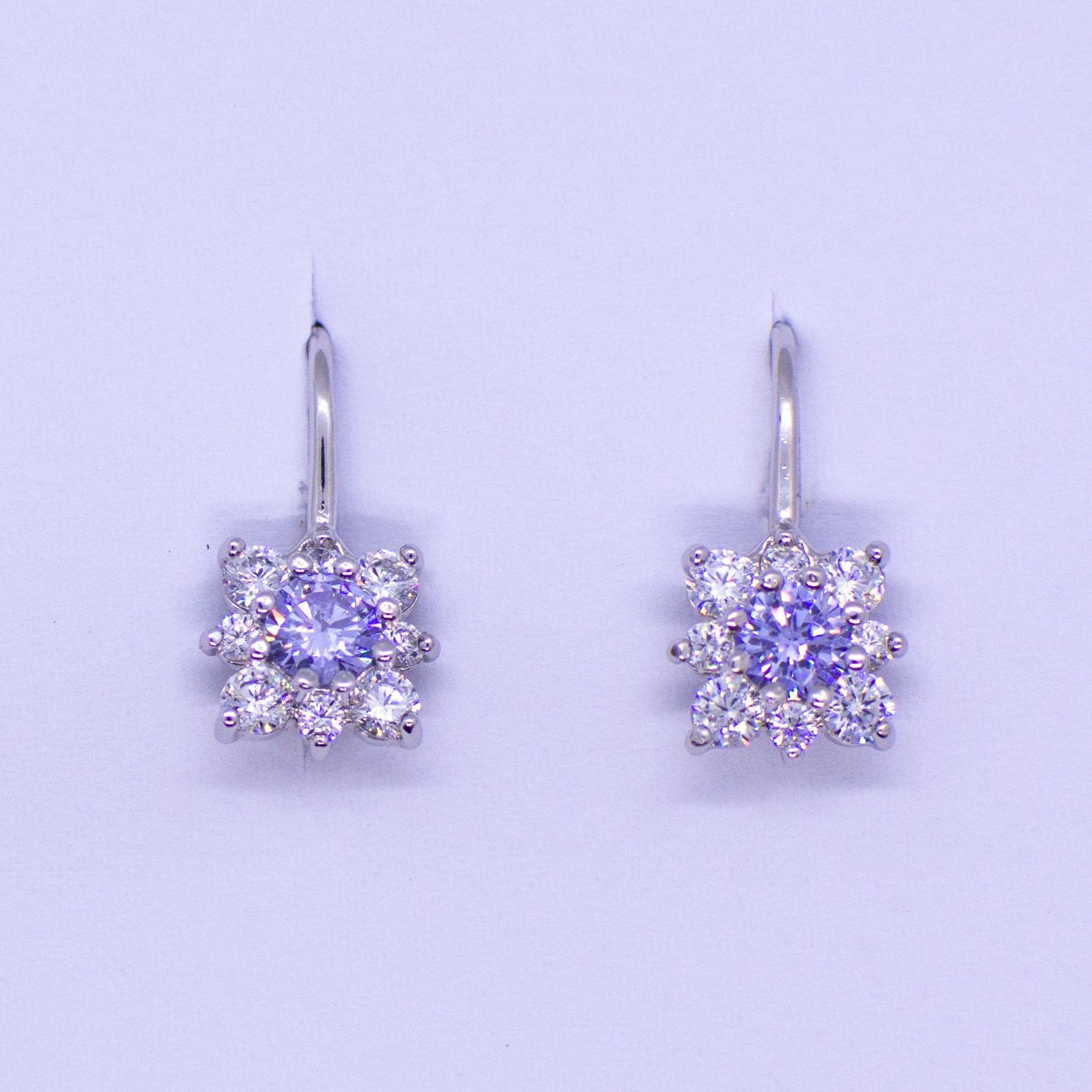 Silver CZ Square Halo Drop Earrings - Created Light Amethyst - John Ross Jewellers