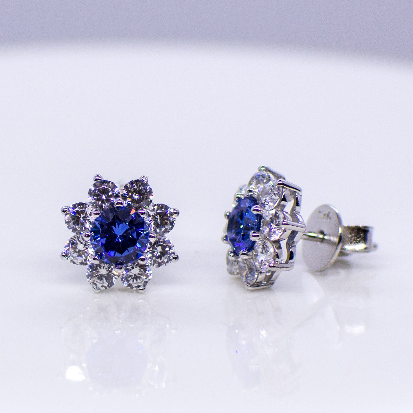 Silver CZ Halo Stud Earrings - Created Sapphire - John Ross Jewellers