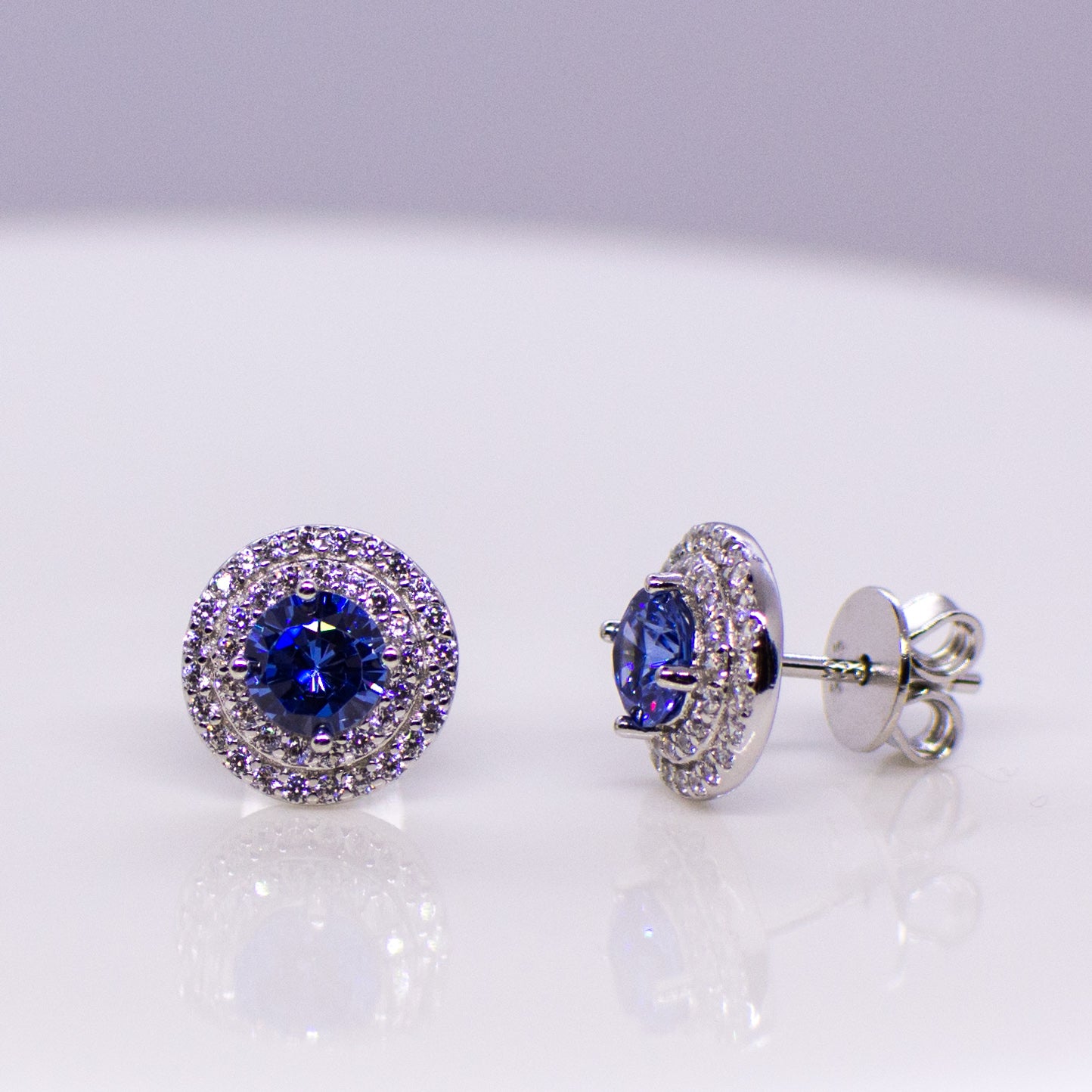 Silver CZ Double Halo Stud Earrings - Created Sapphire - John Ross Jewellers