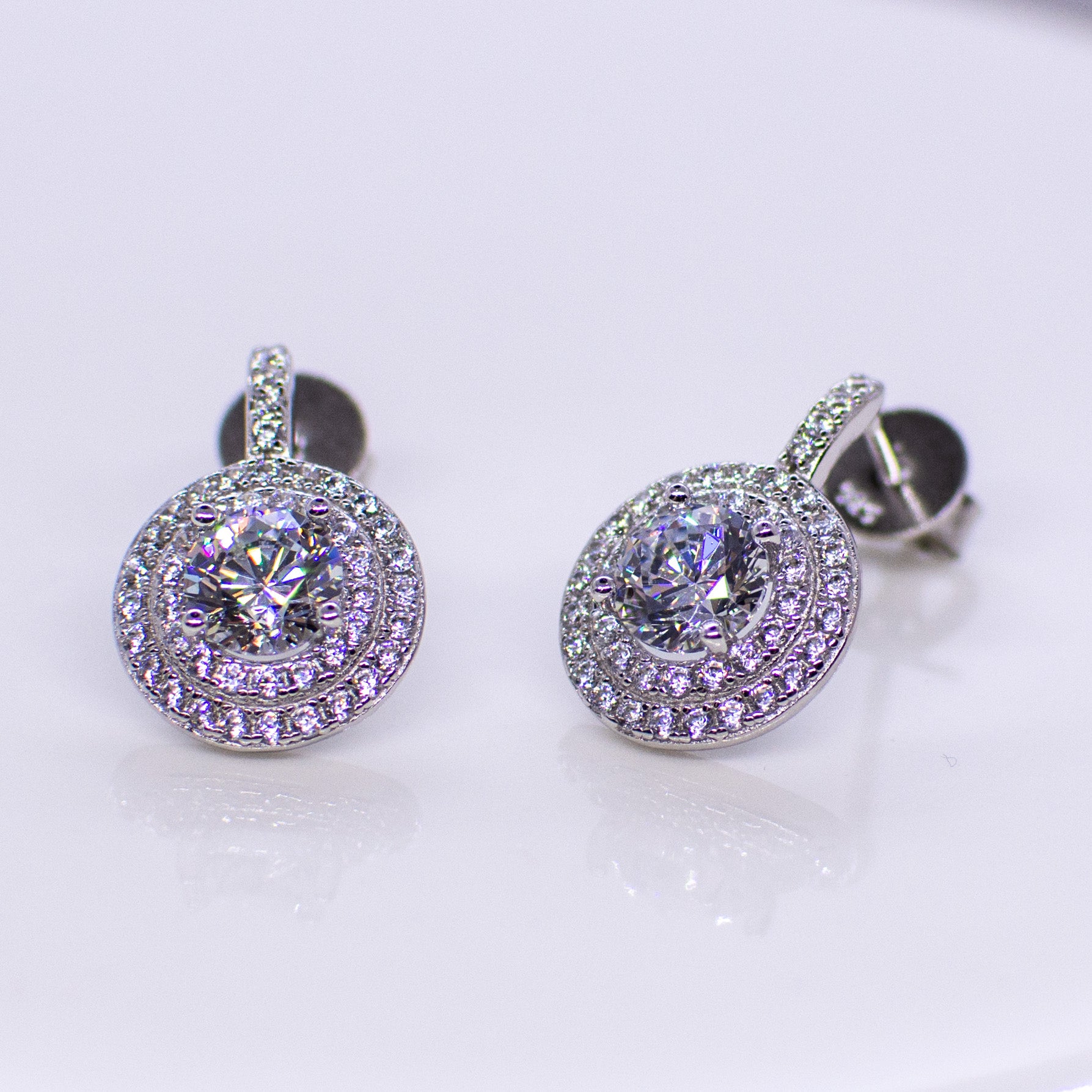 Silver Double Halo Round CZ Drop Earrings - John Ross Jewellers