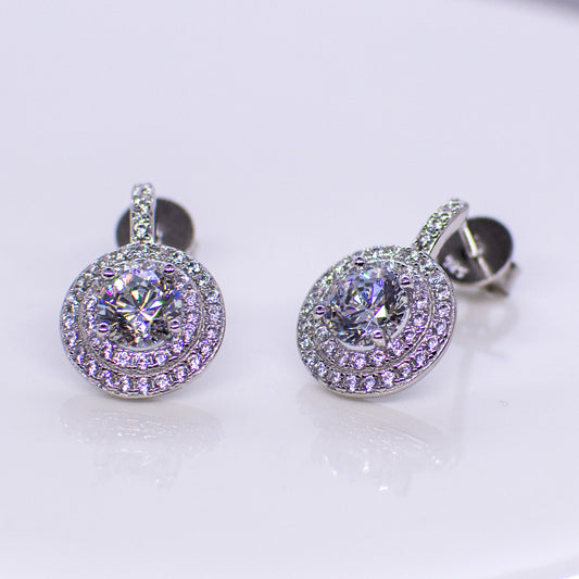 Silver Double Halo Round CZ Drop Earrings - John Ross Jewellers