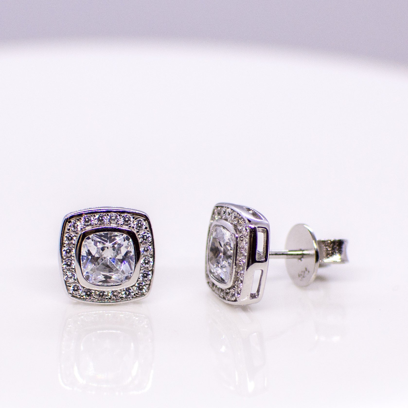 Silver Cushion Cut CZ Halo Stud Earrings - John Ross Jewellers