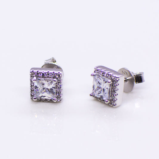 Silver Princess Cut CZ Halo Stud Earrings - John Ross Jewellers