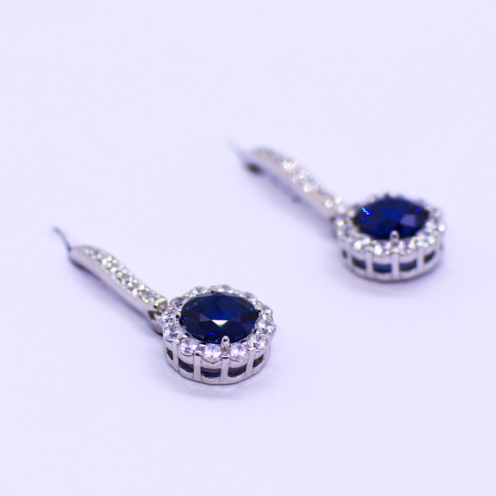Silver CZ Halo Drop Earrings - Created Sapphire - John Ross Jewellers