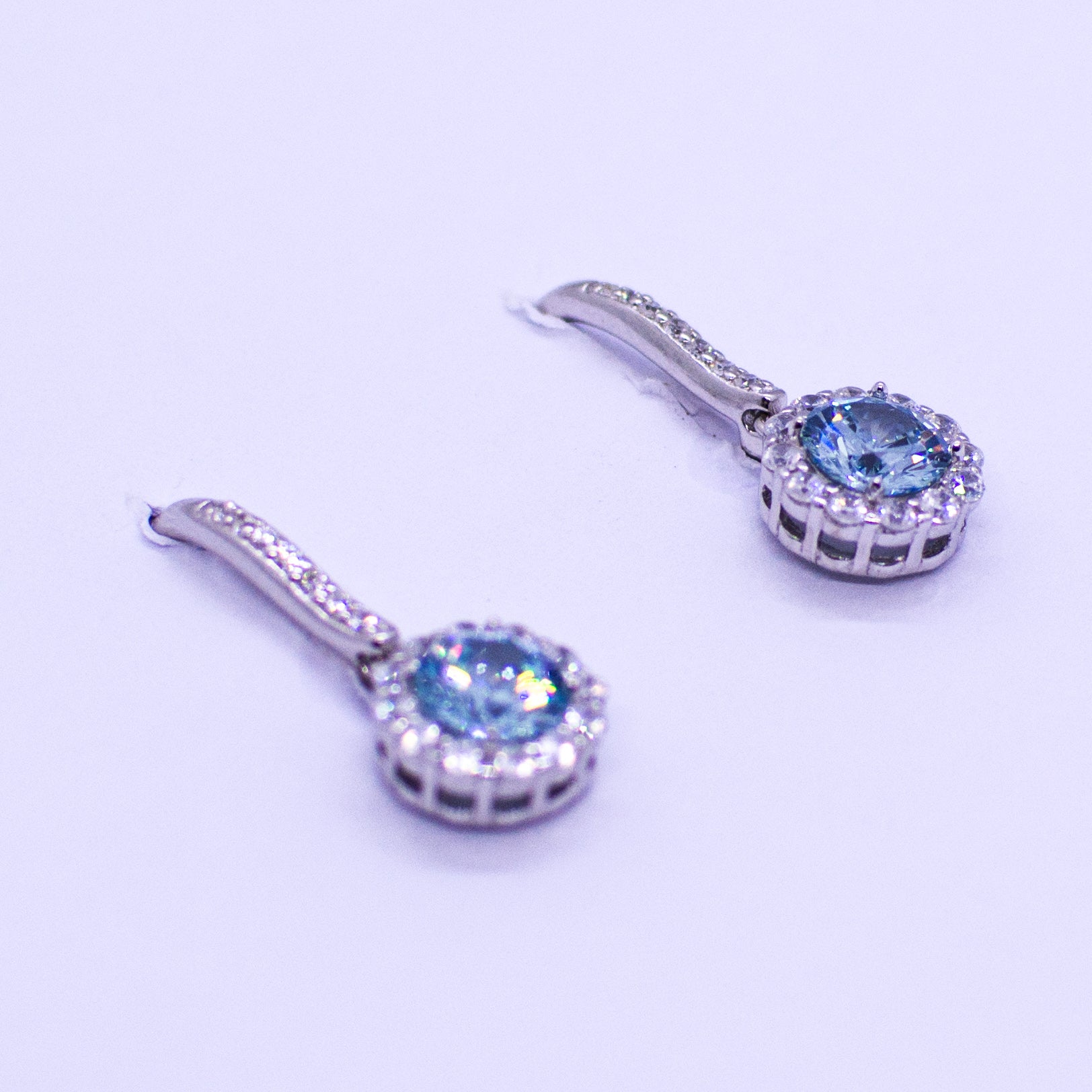 Silver CZ Halo Drop Earrings - Created Sky Blue Topaz - John Ross Jewellers