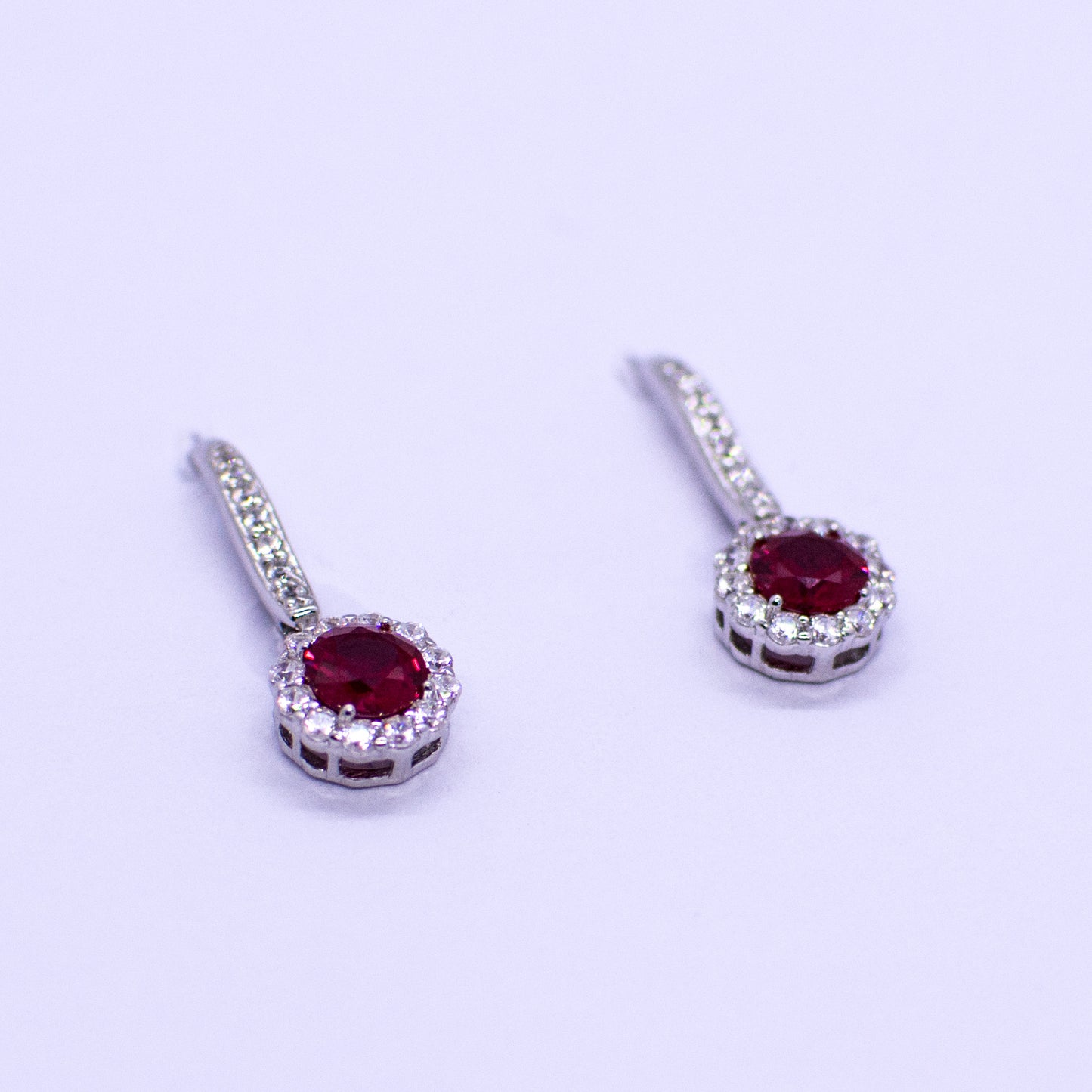 Silver CZ Halo Drop Earrings - Created Ruby - John Ross Jewellers