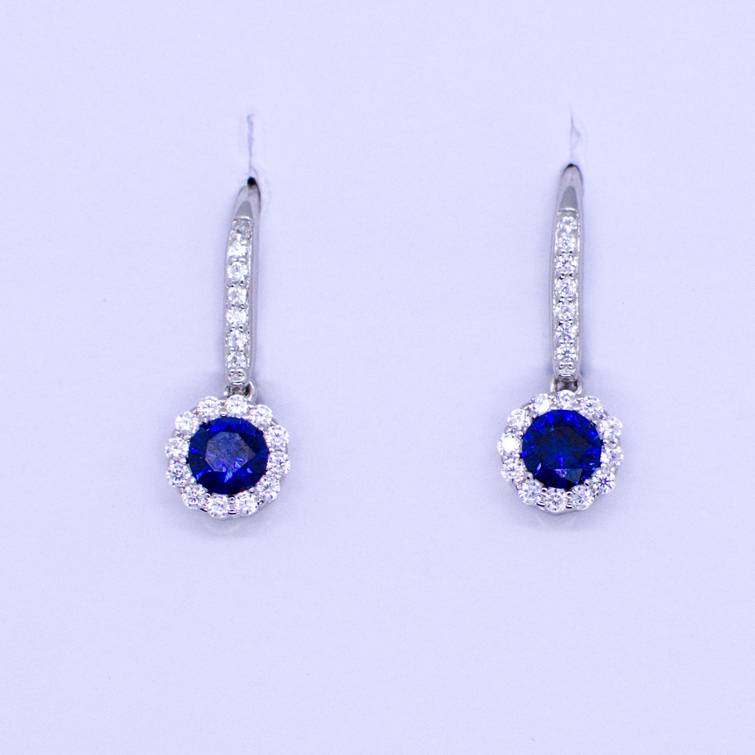 Silver CZ Halo Drop Earrings - Created Sapphire - John Ross Jewellers