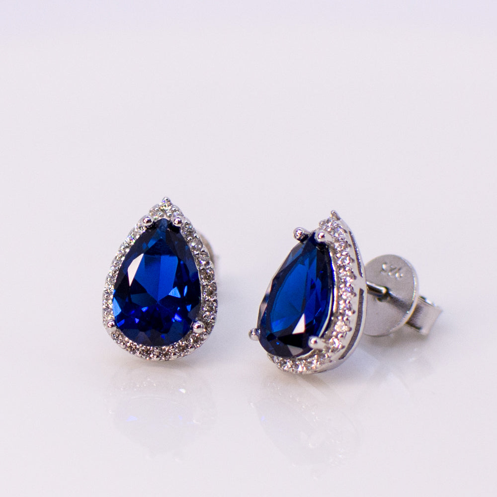 Silver Created Sapphire & CZ Pear Stud Earrings - John Ross Jewellers